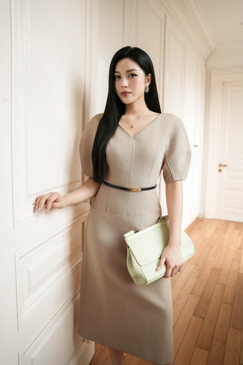 Sixdo Brownish-beige Woven Flared Dress With Belt